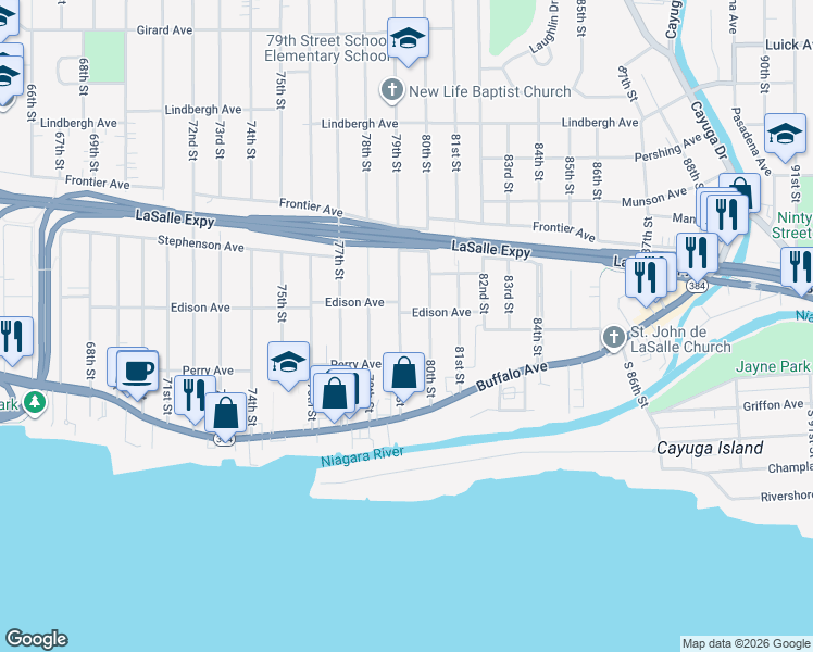 map of restaurants, bars, coffee shops, grocery stores, and more near 237 79th Street in Niagara Falls