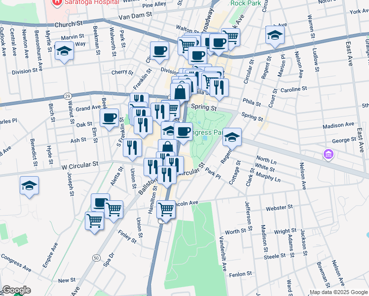 map of restaurants, bars, coffee shops, grocery stores, and more near 248 Broadway in Saratoga Springs