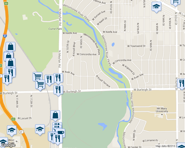 map of restaurants, bars, coffee shops, grocery stores, and more near 3205 North Knoll Terrace in Wauwatosa