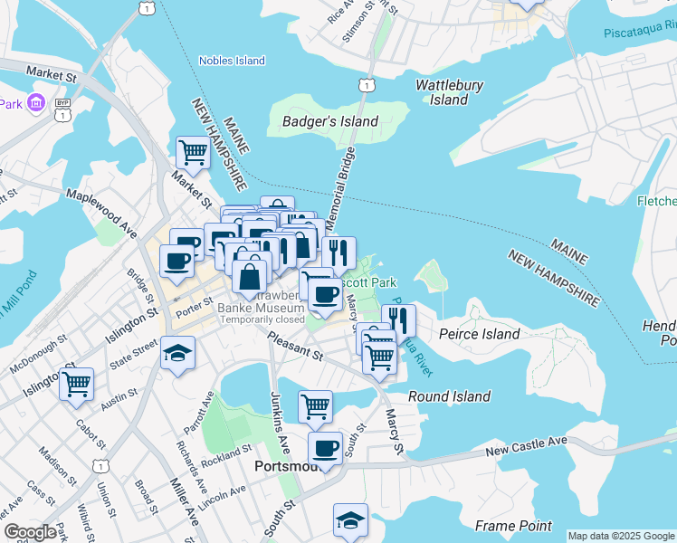 map of restaurants, bars, coffee shops, grocery stores, and more near 57 Marcy Street in Portsmouth