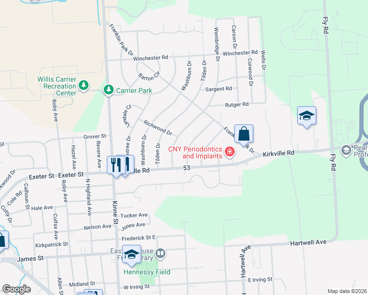 map of restaurants, bars, coffee shops, grocery stores, and more near 113 Longwood Dr in East Syracuse