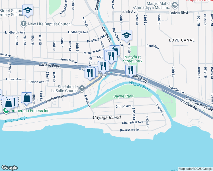 map of restaurants, bars, coffee shops, grocery stores, and more near 8735 Point Avenue in Niagara Falls