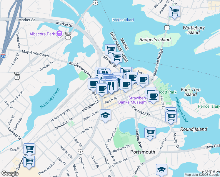 map of restaurants, bars, coffee shops, grocery stores, and more near in Portsmouth