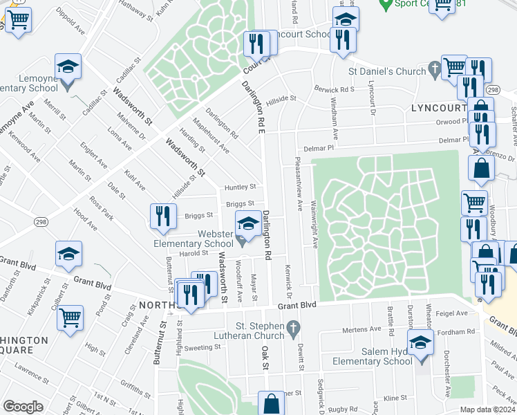 map of restaurants, bars, coffee shops, grocery stores, and more near 276 Briggs Street in Syracuse