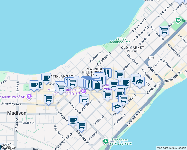 map of restaurants, bars, coffee shops, grocery stores, and more near 312 Wisconsin Avenue in Madison