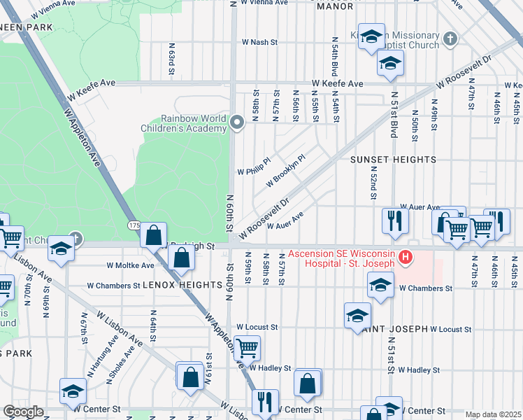 map of restaurants, bars, coffee shops, grocery stores, and more near 5746 West Roosevelt Drive in Milwaukee
