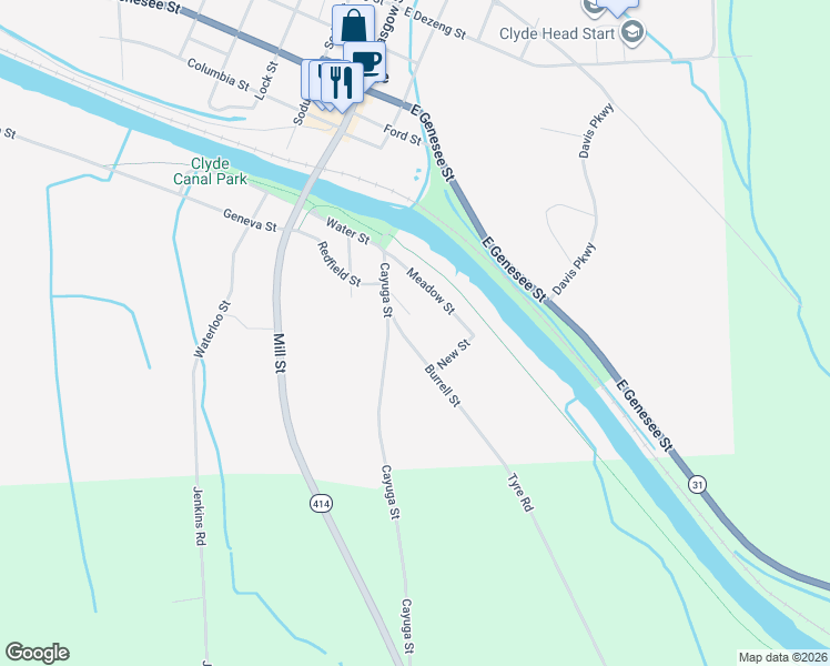 map of restaurants, bars, coffee shops, grocery stores, and more near 30 Burrell Street in Clyde