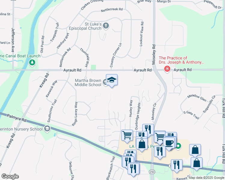 map of restaurants, bars, coffee shops, grocery stores, and more near 665 Ayrault Road in Fairport
