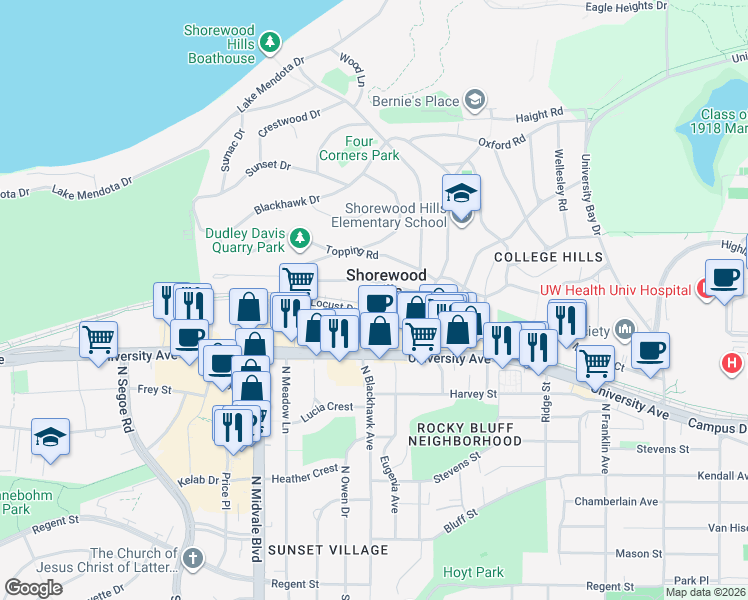 map of restaurants, bars, coffee shops, grocery stores, and more near 910 Western Road in Madison