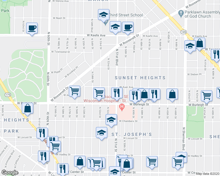 map of restaurants, bars, coffee shops, grocery stores, and more near 3176 North 52nd Street in Milwaukee