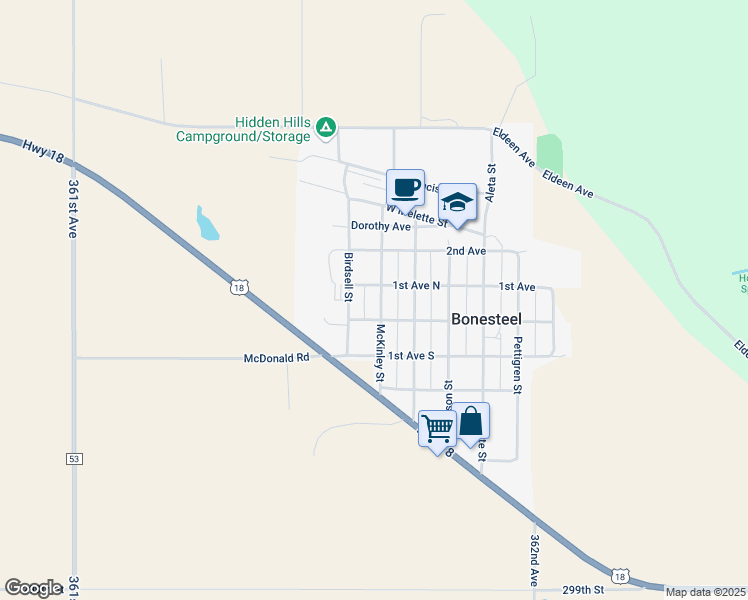 map of restaurants, bars, coffee shops, grocery stores, and more near 405 McKinley Street in Bonesteel