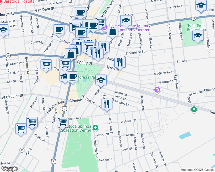 map of restaurants, bars, coffee shops, grocery stores, and more near 48 Union Avenue in Saratoga Springs