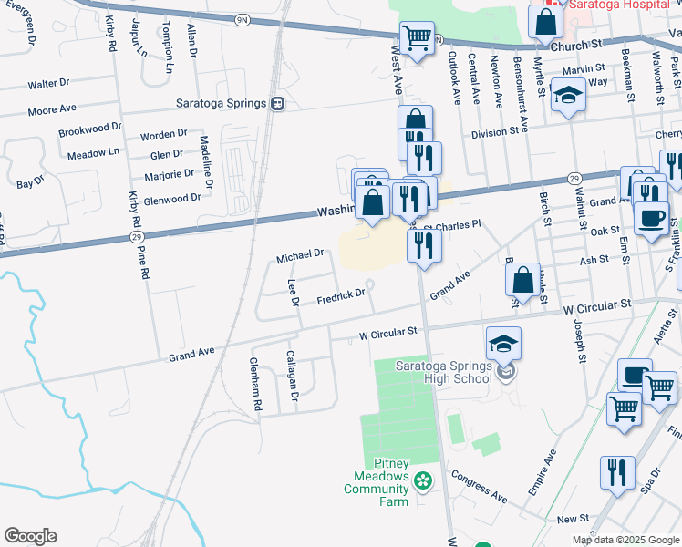map of restaurants, bars, coffee shops, grocery stores, and more near 64 Michael Drive in Saratoga Springs