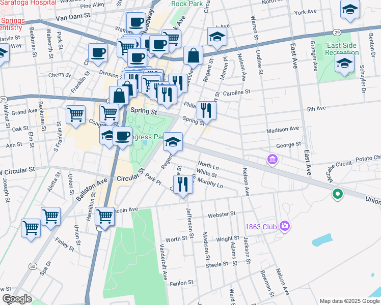 map of restaurants, bars, coffee shops, grocery stores, and more near 48 Union Avenue in Saratoga Springs