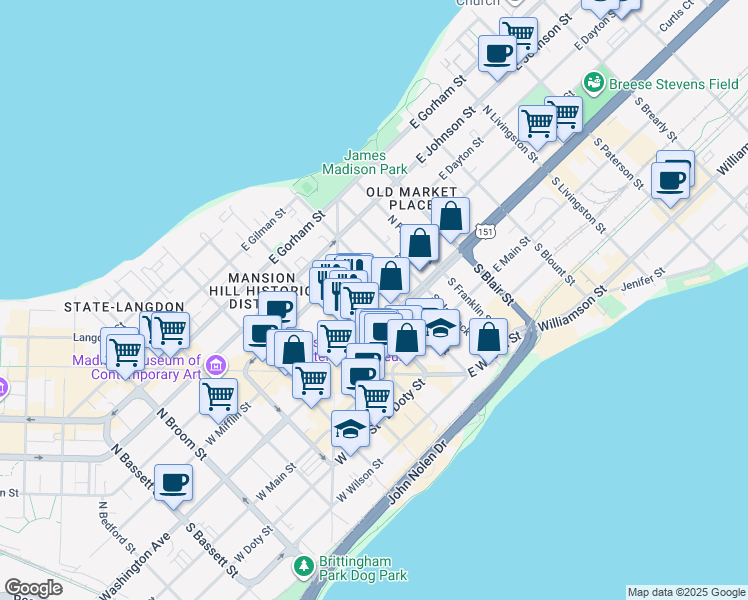 map of restaurants, bars, coffee shops, grocery stores, and more near 12 North Butler Street in Madison
