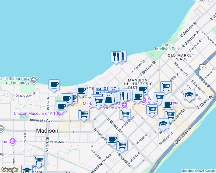 map of restaurants, bars, coffee shops, grocery stores, and more near 133 Langdon Street in Madison