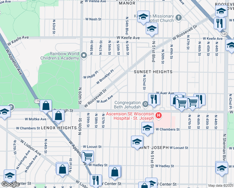 map of restaurants, bars, coffee shops, grocery stores, and more near 3177 North 55th Street in Milwaukee