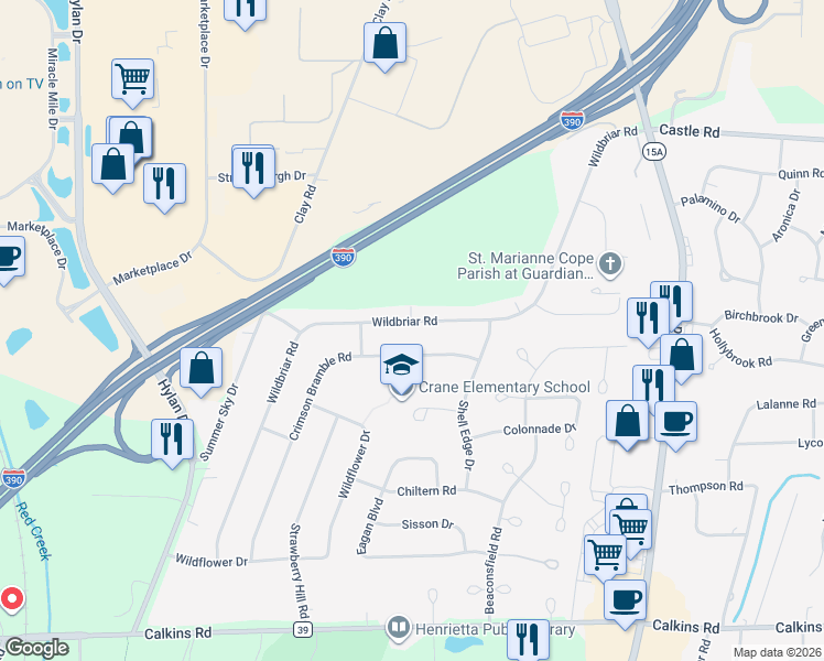 map of restaurants, bars, coffee shops, grocery stores, and more near 271 Wildbriar Road in Rochester