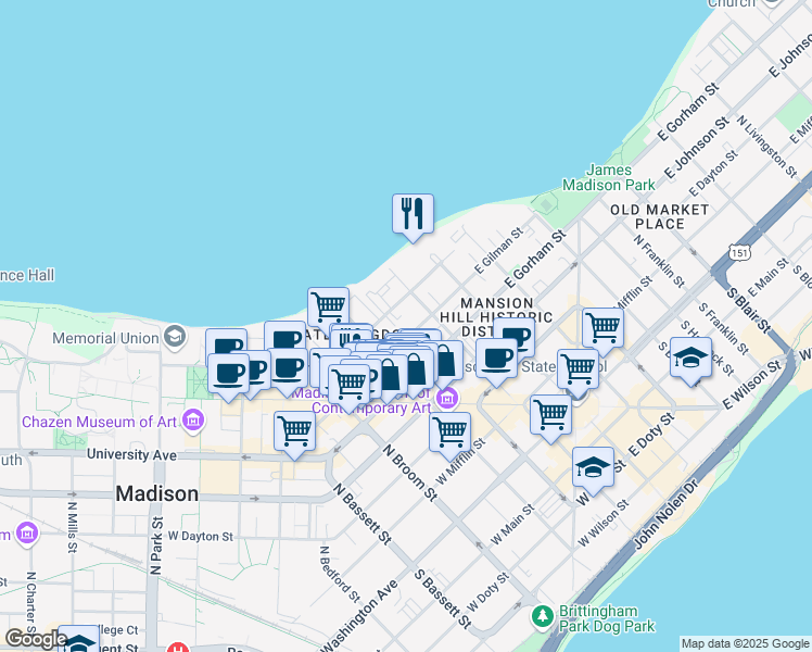 map of restaurants, bars, coffee shops, grocery stores, and more near 124 West Gilman Street in Madison
