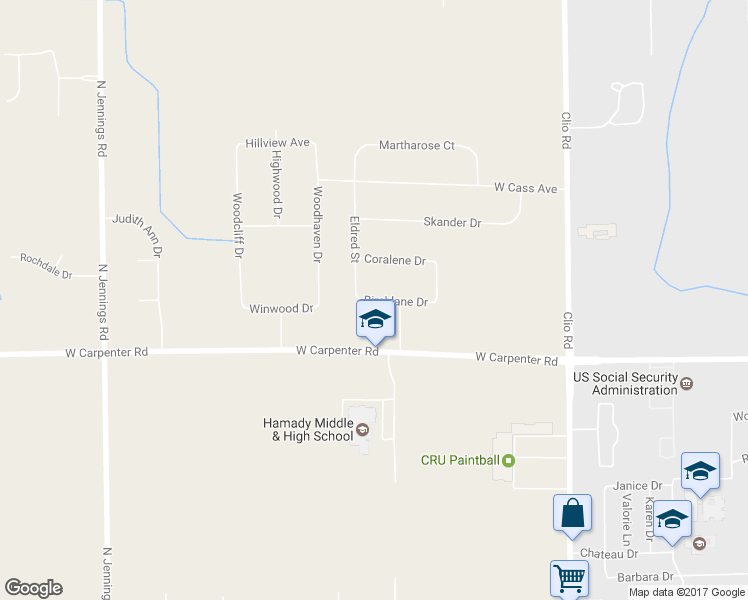 map of restaurants, bars, coffee shops, grocery stores, and more near 3231 Birchlane Drive in Flint