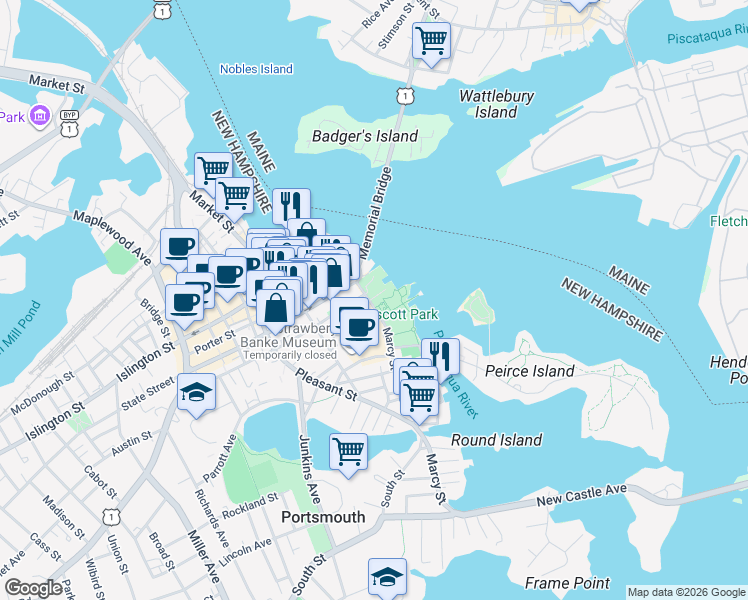 map of restaurants, bars, coffee shops, grocery stores, and more near 57 Marcy Street in Portsmouth