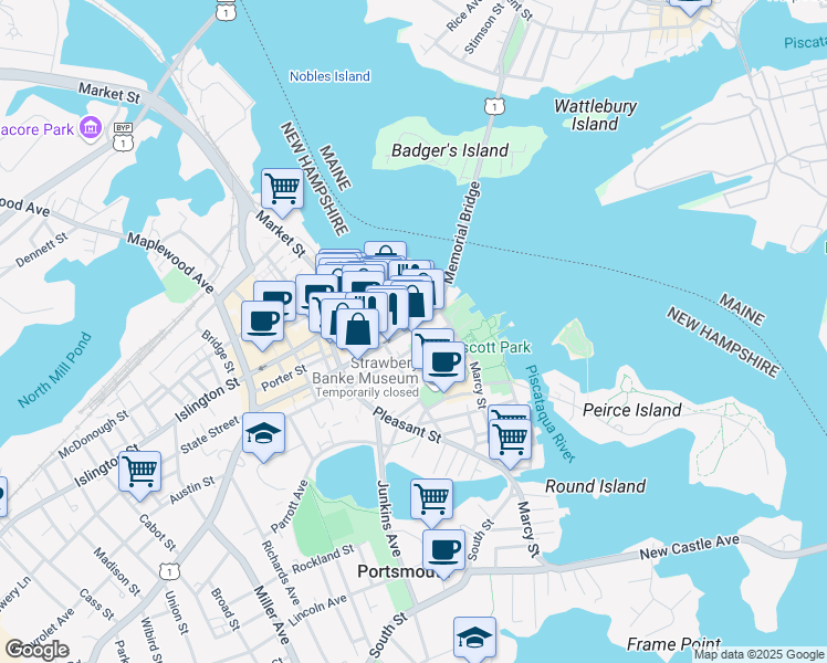 map of restaurants, bars, coffee shops, grocery stores, and more near 121 State Street in Portsmouth