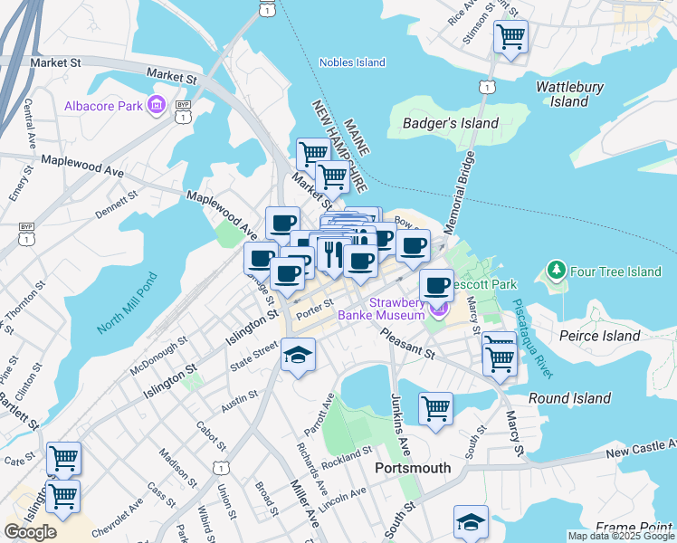 map of restaurants, bars, coffee shops, grocery stores, and more near 3 Congress Street in Portsmouth