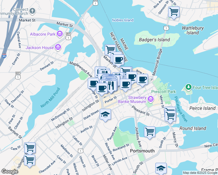 map of restaurants, bars, coffee shops, grocery stores, and more near in Portsmouth