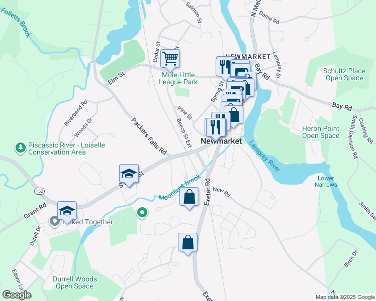 map of restaurants, bars, coffee shops, grocery stores, and more near 187 South Main Street in Newmarket
