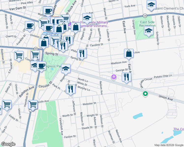 map of restaurants, bars, coffee shops, grocery stores, and more near 101 Union Avenue in Saratoga Springs