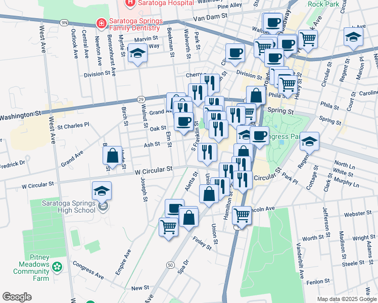 map of restaurants, bars, coffee shops, grocery stores, and more near 26 Beekman Street in Saratoga Springs