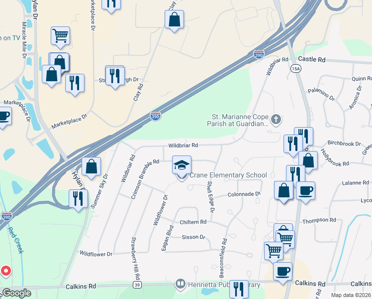 map of restaurants, bars, coffee shops, grocery stores, and more near 271 Wildbriar Road in Rochester