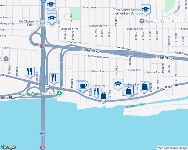 map of restaurants, bars, coffee shops, grocery stores, and more near 245 71st Street in Niagara Falls