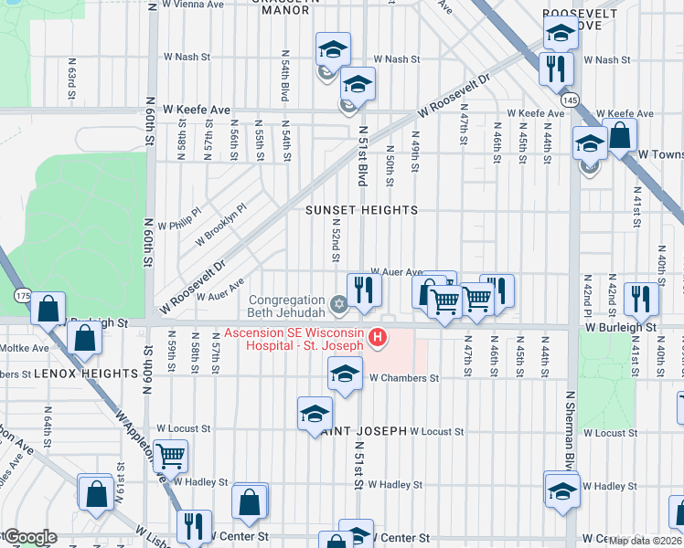map of restaurants, bars, coffee shops, grocery stores, and more near 3176 North 52nd Street in Milwaukee