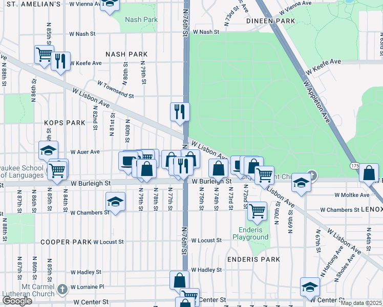 map of restaurants, bars, coffee shops, grocery stores, and more near 3167 North 75th Street in Milwaukee
