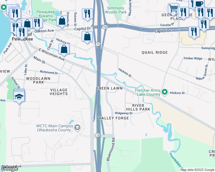 map of restaurants, bars, coffee shops, grocery stores, and more near 820 East Wisconsin Avenue in Pewaukee