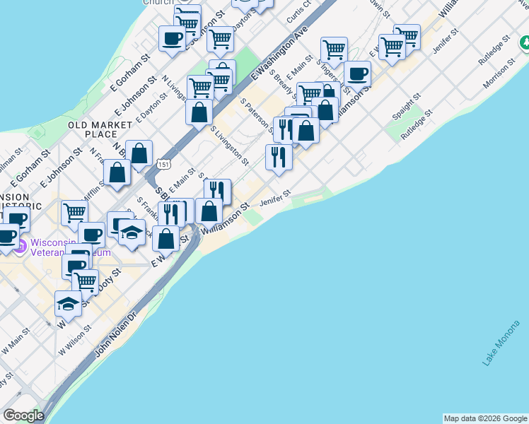 map of restaurants, bars, coffee shops, grocery stores, and more near 729 Jenifer Street in Madison