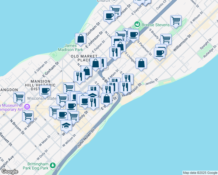 map of restaurants, bars, coffee shops, grocery stores, and more near 114 South Blair Street in Madison