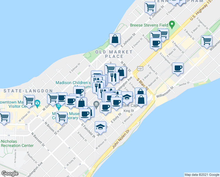 map of restaurants, bars, coffee shops, grocery stores, and more near 12 North Butler Street in Madison