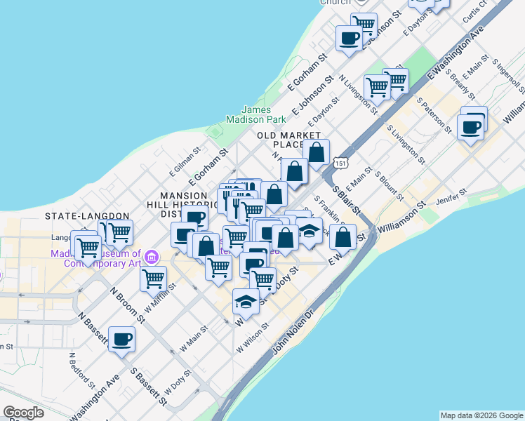 map of restaurants, bars, coffee shops, grocery stores, and more near 12 North Butler Street in Madison