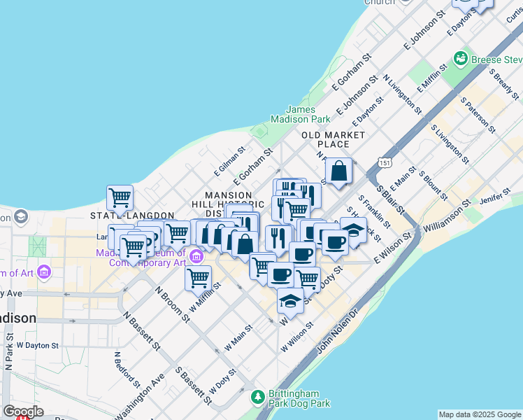 map of restaurants, bars, coffee shops, grocery stores, and more near 29 East Dayton Street in Madison
