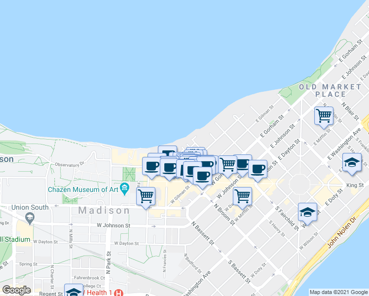 map of restaurants, bars, coffee shops, grocery stores, and more near 220 East Lakelawn Place in Madison