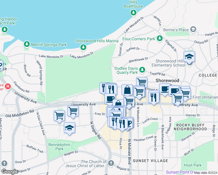 map of restaurants, bars, coffee shops, grocery stores, and more near 4690 University Avenue in Madison