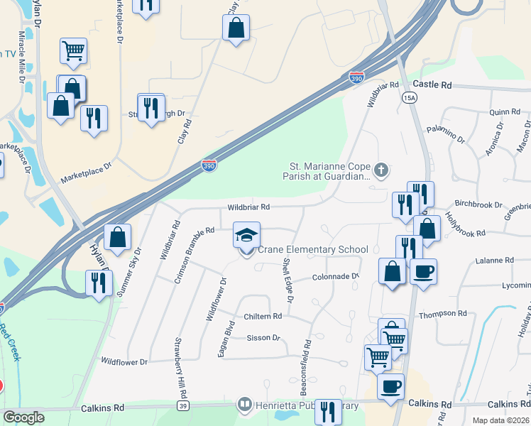 map of restaurants, bars, coffee shops, grocery stores, and more near 271 Wildbriar Road in Rochester