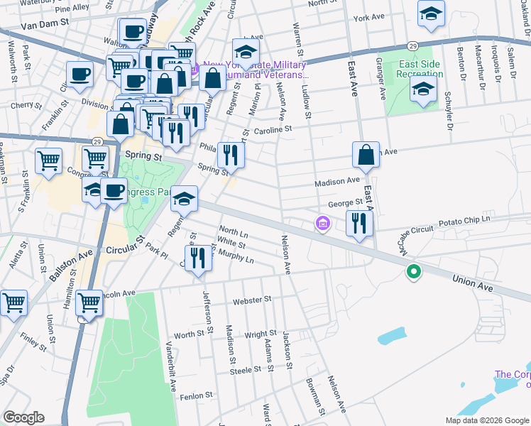 map of restaurants, bars, coffee shops, grocery stores, and more near 115 Union Avenue in Saratoga Springs