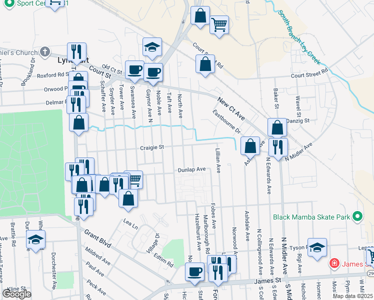 map of restaurants, bars, coffee shops, grocery stores, and more near 625 North Avenue in Syracuse