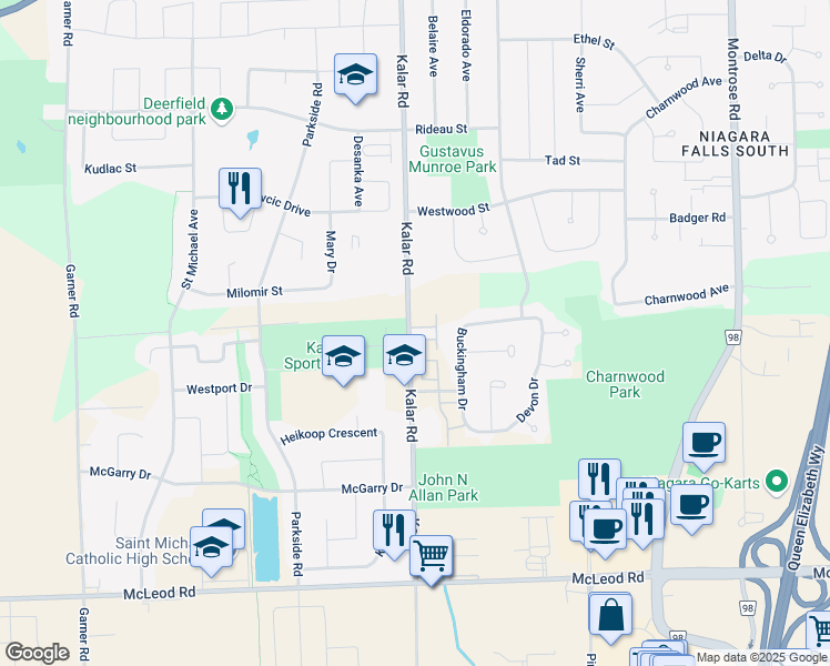 map of restaurants, bars, coffee shops, grocery stores, and more near 6730 Kalar Road in Niagara Falls