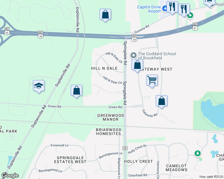 map of restaurants, bars, coffee shops, grocery stores, and more near N31W22104 Shady Lane in Pewaukee