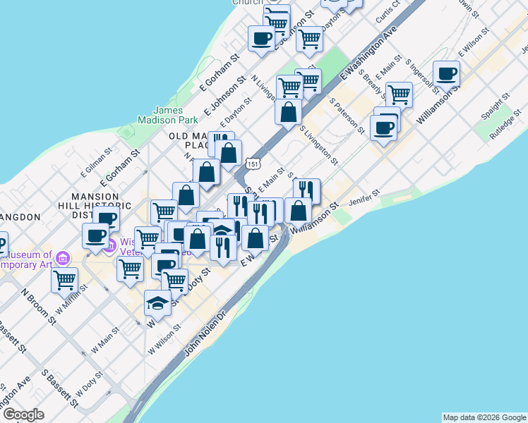 map of restaurants, bars, coffee shops, grocery stores, and more near 114 South Blair Street in Madison