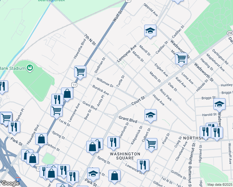 map of restaurants, bars, coffee shops, grocery stores, and more near 1010 Turtle Street in Syracuse